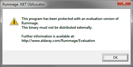 This program has been protected with an evaluation version of Rummage. This binary must not be distributed externally.